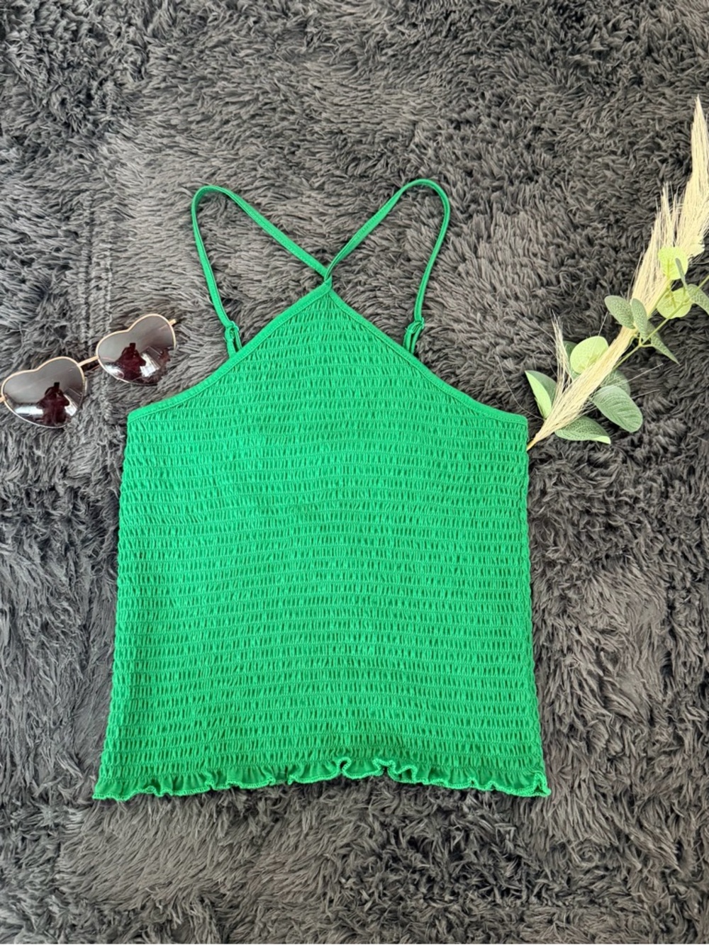 Crave Fame Green Smocked Cami with Crisscross Straps